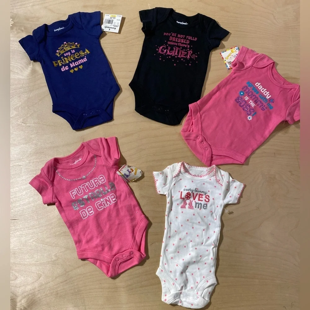 5 Garanimals Baby Bodysuits - Navy, Black, Pink, White Newborn (OQ)
